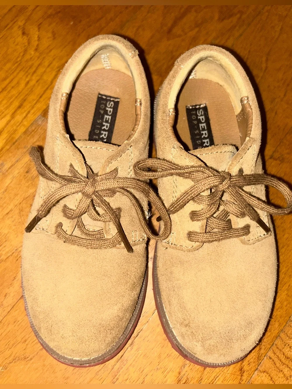 Sperry Kids Suede Lace-Up Dress Shoes in Tan with Red Sole